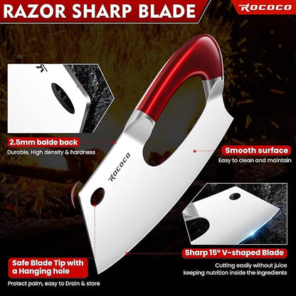 ROCOCO Easy Handle Meat Cleaver - Effort Saving Chef Knife Unique Professional for Kitchen Cutting Meat Vegetable Birthday Gift Red Stainless Steel