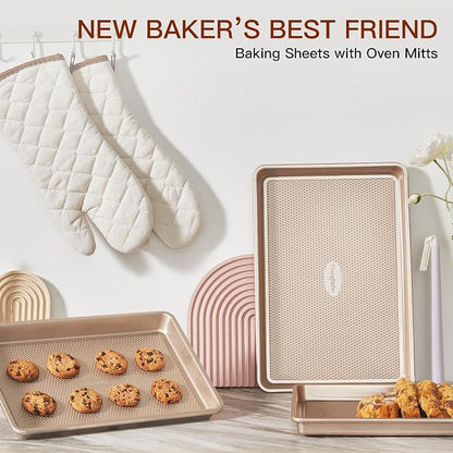 HONGBAKE 3 Pack Gold Nonstick Baking Sheet Pan Set with Oven Mitts Heat Resistant, Non-Toxic Half/Quarter/Jelly Roll Pans with Diamond Texture Pattern, Heavy Duty 0.8mm Thick Cookie Trays for Cooking
