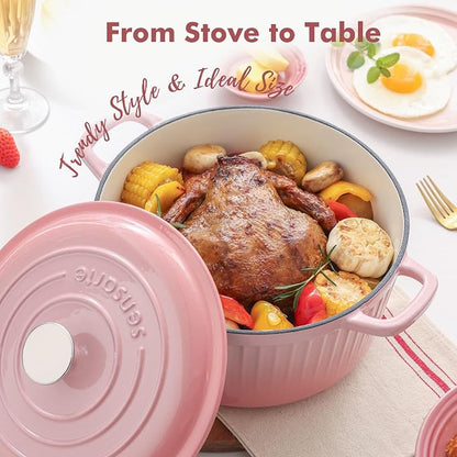 SENSARTE Enameled Cast Iron Dutch Oven Pot with Lid 3.5/5.5/6.5 Quart Heavy-Duty Round Dual Handles Kitchen Pot with Cotton Potholders & Silicone Trivet, Pot for Bread Baking, Stews, Braising, Roasting, Oven Safe, 5.5 Quart, Pink