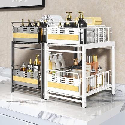 Under Sink Organizer, 2-Tier Pull Out Cabinet Organizer with Heavy-Duty Carbon Steel Slide-Out Basket Drawers, Stackable Multi-Purpose Storage Rack for Kitchen Pantry, Bathroom Vitamin Storage, White