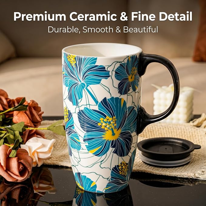 Topadorn 17oz Teal Hibiscus Ceramic Travel Mug with Lid, Floral Coffee Cup with Handle, Spill Resistant Lid, Microwave & Dishwasher Safe, Gift Box Included