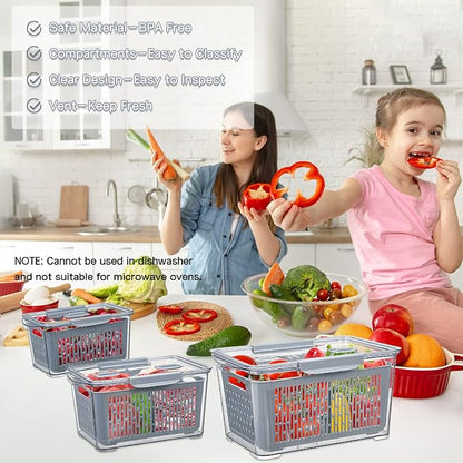 Fistone Fresh Produce Fruit Vegetable Storage Containers 3Piece Set, BPA-Free Fridge Storage Container with Lid & Colander, Fridge Organizers, Keep Fresh for Produce,Fruit and Vegetable
