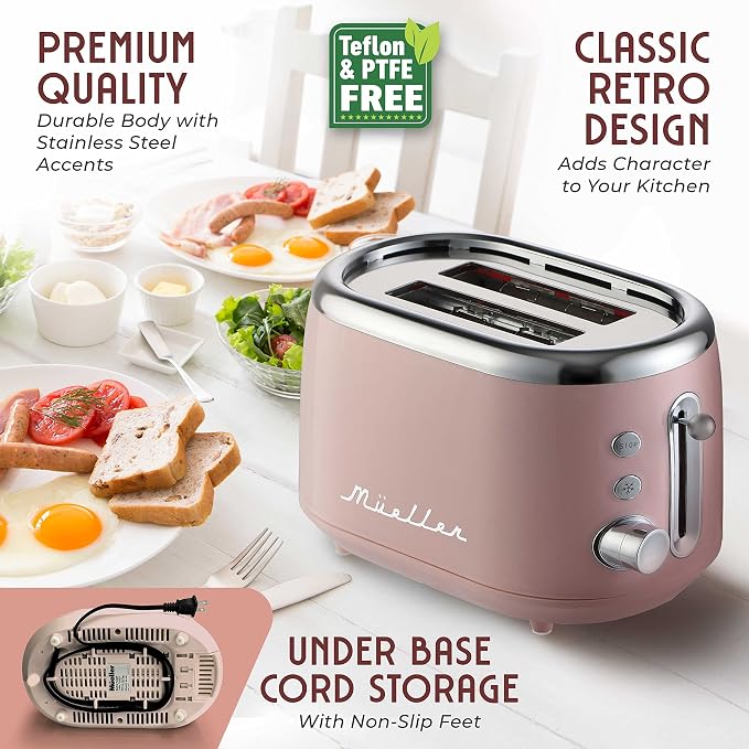 MUELLER HOME Retro Toaster 2 Slice, 7 Browning Levels, 3 Functions (Reheat, Defrost, Cancel), Stainless Steel Features, Removable Crumb Tray, Under Base Cord Storage, Pink Kitchen Accessories Décor