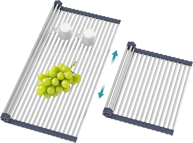 BBXTYLY Extra Large Expandable Roll Up Dish Drying Rack,Over The Sink Drying Rack Sink Cover Kitchen Sink Accessories Kitchen Rolling up Stainless Steel Drainer, Foldable,Rollable（Gray，22.8''-17.3''）