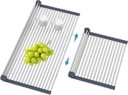 BBXTYLY Extra Large Expandable Roll Up Dish Drying Rack,Over The Sink Drying Rack Sink Cover Kitchen Sink Accessories Kitchen Rolling up Stainless Steel Drainer, Foldable,Rollable（Gray，22.8''-17.3''）