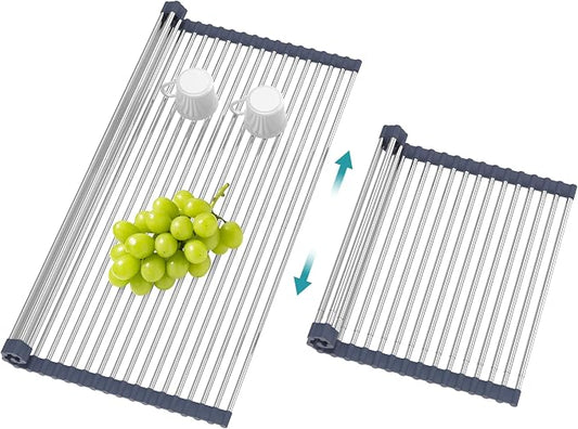 BBXTYLY Extra Large Expandable Roll Up Dish Drying Rack,Over The Sink Drying Rack Sink Cover Kitchen Sink Accessories Kitchen Rolling up Stainless Steel Drainer, Foldable,Rollable（Gray，22.8''-17.3''）