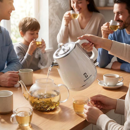 Electric Kettle - 1.8L Cordless Tea Pot, Stainless Steel Interior, Fast Boiling, Double Wall Insulation, Auto Shut-Off, White