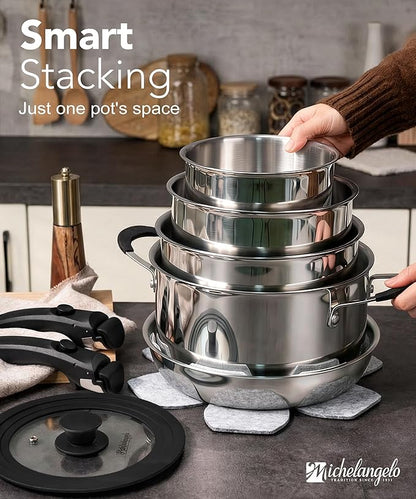 Michelangelo 14pcs Tri-Ply Stainless Steel Cookware Set with Detachable Handles, Stackable Pots and Pans Set for RVs, Small Kitchens & Apartments, Induction Compatible, Oven Safe, No Coating & No PFAS
