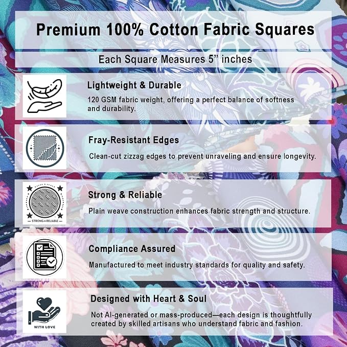 Soimoi 40 Pcs Cotton Fabric Squares Bundles Charm Packs for Quilting, Fat Quarter Layer Cakes, Precuts Quilt Squares 5 x 5 inches, DIY Fabric Bundle- Mystic Bloom Collection