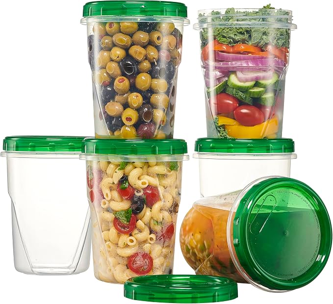 PLASTICPRO 12 Pack Twist Cap Food Storage Containers with Green Screw on Lid- 32 oz Reusable Meal Prep Containers - Freezer and Microwave Safe Green Plastic Food Storage