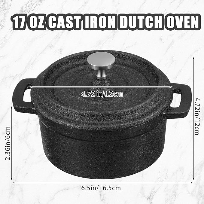 4 Pcs Mini Dutch Oven, 500F Small Round Iron Cocotte Black Dutch Oven Pot with Lid and Dual Handles Cast Iron Pot for Stovetop Use Marinate Cook Bake Refrigerate, Individual Servings(17 oz)