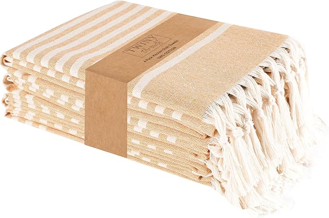TWINY threads Set of 4 100% Cotton Turkish Kitchen Towels with Hanging Loop & Tassels (18" X 28") | Ultra Washcloth with Fringes | Reusable Hand Towels - Mustard Yellow
