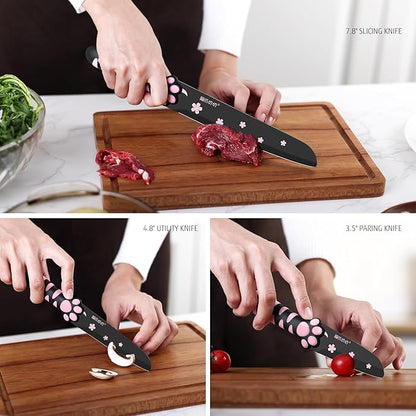 Cute Kitchen Knife Set, Dishwasher Safe, 5 pieces Non-Stick Knives,Sharp for Chopping, Slicing, Dicing and Cutting, Cat Paw Handle