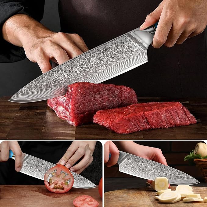 Home Safety Professional Damascus Steel Japanese Chef Knife 8 Inch Kitchen Knife VG-10 Damascus Chef's Knives – Razor Sharp Meat Cleaver with Ergonomic Natural Resin Handle Cooking Knife and Gift Box