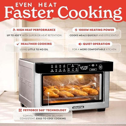 Gourmia Toaster Oven Digital Air Fryer - Convection Mode with 4 Slice Capacity, 3 Rack Positions, 12 Presets, Toast, Bagel, Bake, Roast, Broil, Dehydrate, Popcorn, Fits 9" Pizza, Stainless Steel