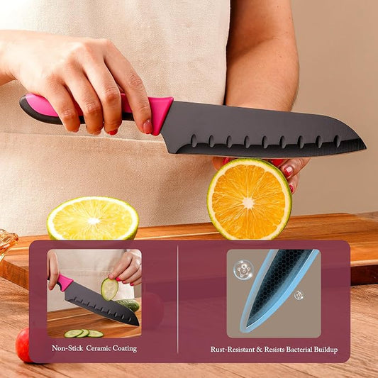 14 Piece Kitchen Knife Set with Built-in Sharpener, German Stainless Steel & Ceramic-Coated Blades, Dishwasher Safe