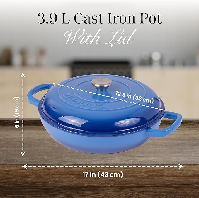 Shallow Cast Iron Casserole with Lid – Non Stick Dutch Oven Pot, Oven Safe up to 500° F – Sturdy Ovenproof Stockpot Cookware – Enamelled Cooking Pot – Dark Blue, 5-Quart, 32cm – by Nuovva