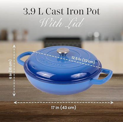 Shallow Cast Iron Casserole with Lid – Non Stick Dutch Oven Pot, Oven Safe up to 500° F – Sturdy Ovenproof Stockpot Cookware – Enamelled Cooking Pot – Dark Blue, 5-Quart, 32cm – by Nuovva