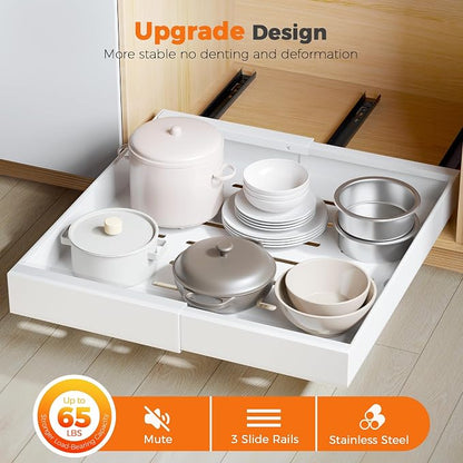 Nacial Pull Out Cabinet Organizer, Large Expandable (17.1"-26.8") Heavy Duty Slide out Drawers with 3 Slides 6 Adhesive, Peel and Stick Pull Out Shelf for Kitchen Pantry Bathroom Organization