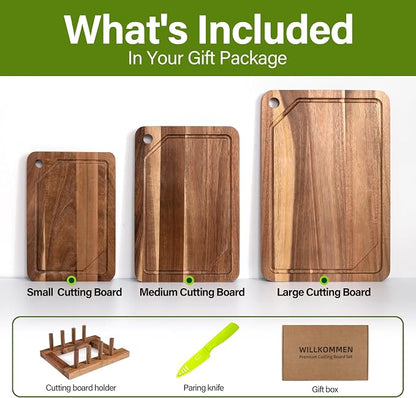 WILLKOMMEN Acacia Wood Cutting Board for Kitchen, 3-Piece Chopping Boards Set with Stand, Juice Groove, Handles & Hanging Holes, Butcher Block for Meat, Vegetables (Small, Medium, Large)