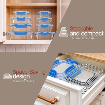 Bakken Borosilicate Glass Food Storage Containers with Lids 16 Pieces, BPA-Free Stackable Lunch & Leftover Containers, Microwave, Freezer & Dishwasher Safe, 100% Airtight Leak-Proof, Blue