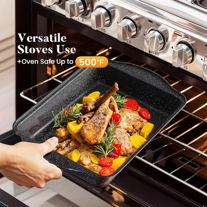 Kitchen Academy 17Pcs Induction Cookware Sets, Granite Pots and Pans Set Non Stick, Black Kitchen Cooking Pans, PFOA & PFOS Free