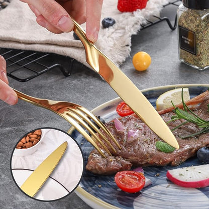 Lemeya 20-Pieces Gold Silverware Set for 4,Heavy Duty 18/10 Stainless Steel Flatware Set with Forged Stand Knives,Modern Cutlery Utensil Set,Mirror Polished,Dishwasher Safe