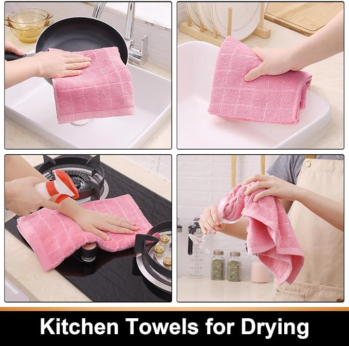 Mordimy 100% Cotton Terry Cloth Kitchen Towels, Super Soft and Absorbent Dish Towels for Drying, Checkered Designed Hand Towels for Kitchen, 13 x 28 Inches, 4 Pack, Pink