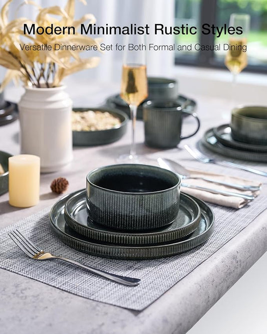 Famiware Star 24-Piece Stoneware Dinnerware Sets, Service for 6 - Reactive Glaze Mugs, Plates and Bowls, Dishes for Everyday/Formal Use, Chip/Scratch Resistant, Microwave/Dishwasher Safe, Deep Forest