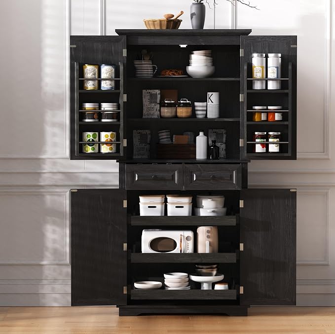 71.2" Tall Kitchen Pantry Cabinet with 3 Pull Out Cabinets Organizer, Farmhouse Embossed Texture Storage Cabinet with 6 Door Shelves, 2 Drawers, Black Freestanding Cupboard for Kitchen, Dining Room