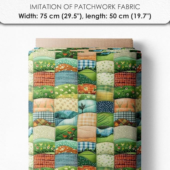 Patchwork Green Hills Cotton Fabric Panel – 6 Designs (10×10 inch Each) + Bonus Sheet 29.5×19.6 inch, 100% Cotton 140 GSM, Made in Türkiye
