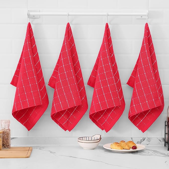 Mordimy 100% Cotton Terry Cloth Kitchen Towels, Super Soft and Absorbent Dish Towels for Drying, Checkered Designed Hand Towels for Kitchen, 16 x 26 Inches, 4 Pack, Red