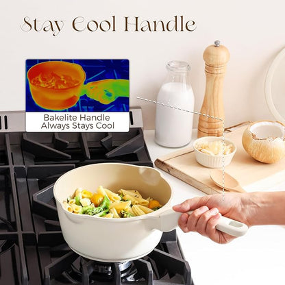 PRICUSIS Ceramic Nonstick Saucepan with Lid, 2.7 Quart Non Toxic Pot with Pour Spouts, Full Coated, 100% Dishwasher Safe, Induction Compatible, PTFE PFAS & PFOA Free, Coconut White