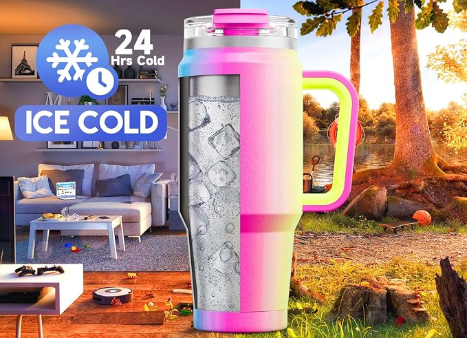 Meoky 32 oz Tumbler with Handle, Insulated Tumbler with Lid and Straw, Stainless Steel Travel Mug, Keeps Cold for 24 Hours, 100% Leak Proof, Fits in Car Cup Holder (Carnival)