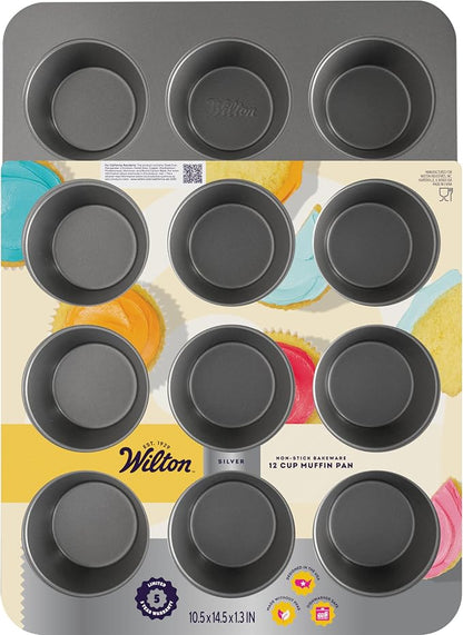 Wilton Silver Non Stick 12 Cup Muffin Pan, Cupcake and Muffin Tin for Baking and Brunch, Made without PFAS, Durable Steel