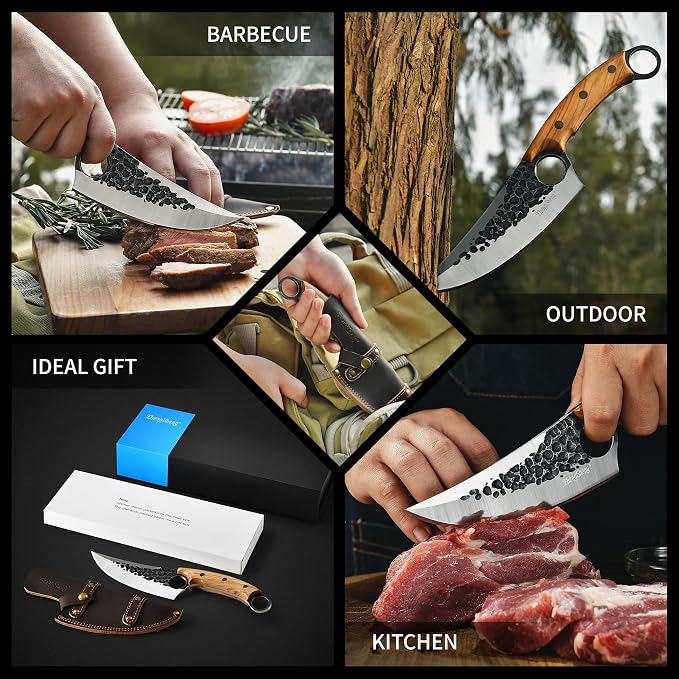 ZhengSheng Forged Viking Kitchen Knife with Olive Wood Grip & Protective Leather Sheath, Perfect for Home Cooking, Camping and BBQ
