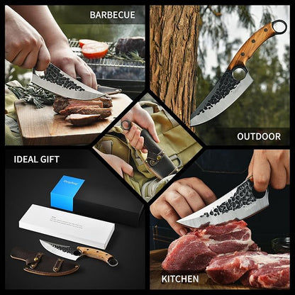 ZhengSheng Forged Viking Kitchen Knife with Olive Wood Grip & Protective Leather Sheath, Perfect for Home Cooking, Camping and BBQ