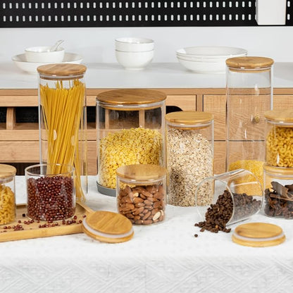 D2scrma 70oz Straight cylindrical Airtight Storage Jars with Bamboo Lid Set of 3 Storage Container Glass Jars, Kitchen Canister for Noodles, Pasta and Coffee beans (‎with Black Lable)