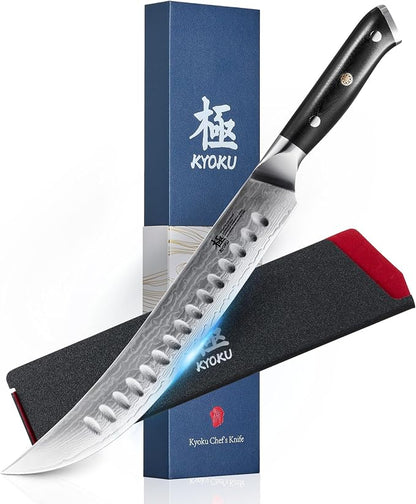 KYOKU 10" Damascus Carving Knife for Meat Cutting,UPGRADED Cimitar Breaking Knife with Silver PVD Coating for Professional Home Chefs,Sharp Japanese Style VG10 Stainless Steel Meat Butcher Knife