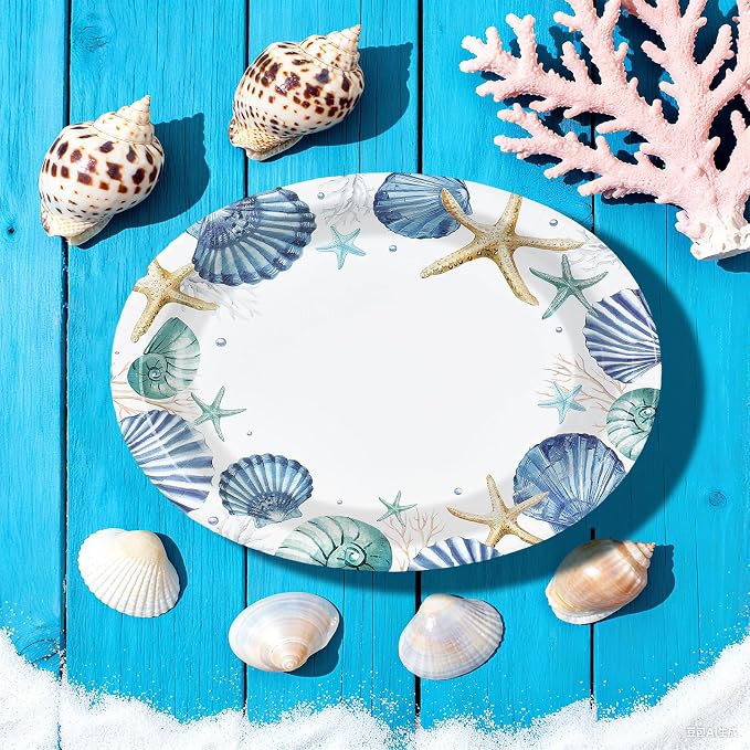 50Pcs Coastal Beach Oval Paper Plates 10" x 12" Large Disposable Heavy Duty Ocean Seashell Starfish Dessert Platters for Under the Sea Summer Hawaiian Picnic BBQ Holiday Birthday Party Decorations