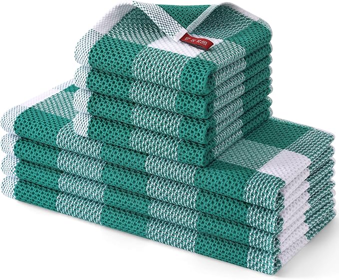 Homaxy Kitchen Towels and Dishcloths Set, 12 x 12 and 13 x 28 Inches, Set of 8 100% Cotton Waffle Weave Check Plaid Kitchen Dish Towels, Super Soft and Absorbent Dish Cloths, White & Teal