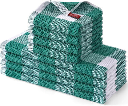 Homaxy Kitchen Towels and Dishcloths Set, 12 x 12 and 13 x 28 Inches, Set of 8 100% Cotton Waffle Weave Check Plaid Kitchen Dish Towels, Super Soft and Absorbent Dish Cloths, White & Teal
