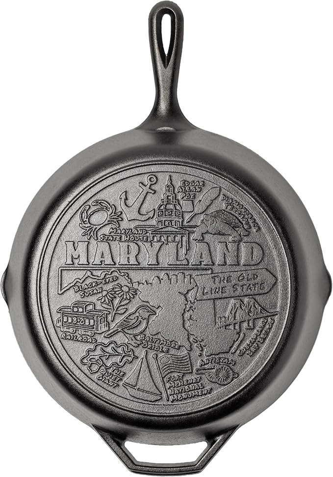 Lodge 12 Inch Cast Iron Skillet – Pre-Seasoned Frying Pan with Teardrop Handle – Oven, Stovetop, Grill & Campfire Use – Made in USA – Non-Toxic, Even-Heating Cookware – Maryland