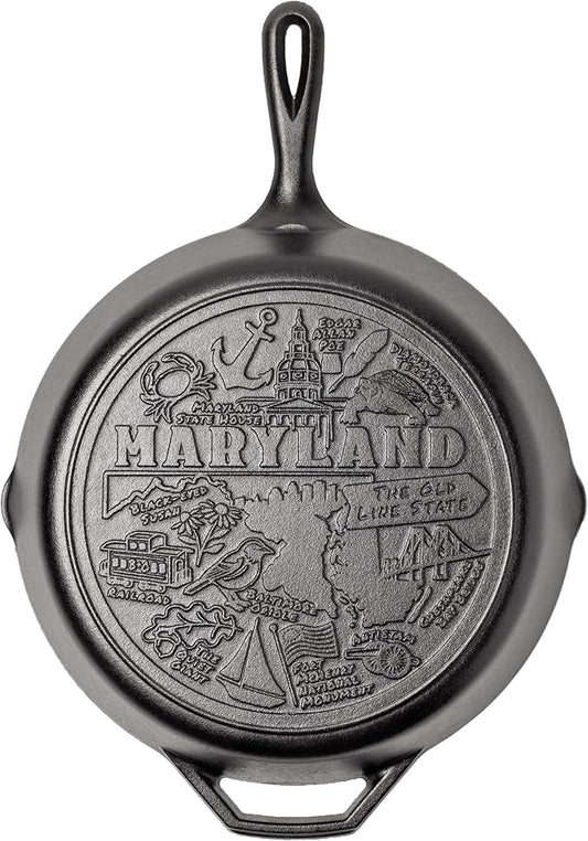 Lodge 12 Inch Cast Iron Skillet – Pre-Seasoned Frying Pan with Teardrop Handle – Oven, Stovetop, Grill & Campfire Use – Made in USA – Non-Toxic, Even-Heating Cookware – Maryland
