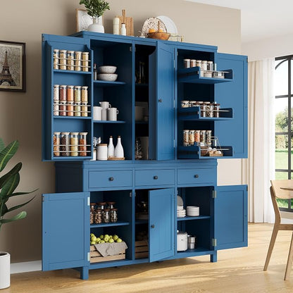 74.8''H High Freestanding Kitchen Pantry, Wooden Kitchen Organizers Cupboard Storage Cabinet with Door Shelves, Adjustable Shelves, Pull-out Trays and Drawers for Dining Room Living Room (Blue-2.12)