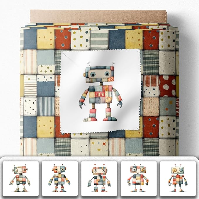 Robot Patchwork Cotton Fabric Panel – 6 Designs (10×10 inch Each) + Bonus Patchwork Sheet 29.5×19.6 inch, 100% Cotton 140 GSM, Made in Turkey