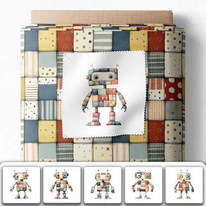 Robot Patchwork Cotton Fabric Panel – 6 Designs (10×10 inch Each) + Bonus Patchwork Sheet 29.5×19.6 inch, 100% Cotton 140 GSM, Made in Turkey
