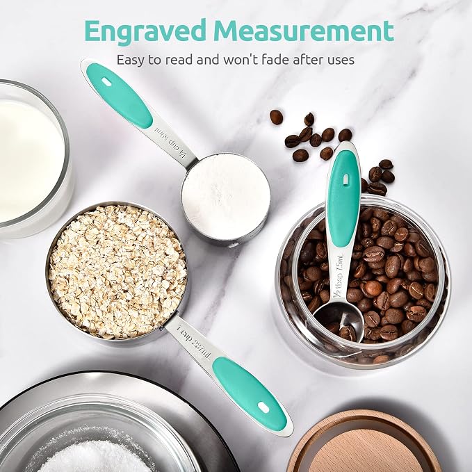 U-Taste Measuring Cups Spoons Set: 18/8 Stainless Steel 12 Pieces Stacking Kitchen Baking Cooking Food Measure Scoop Set, 7 Cups & 5 Spoons with Strengthened Weld Joints (Aqua Sky, Upgraded Version)