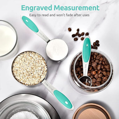 U-Taste Measuring Cups Spoons Set: 18/8 Stainless Steel 12 Pieces Stacking Kitchen Baking Cooking Food Measure Scoop Set, 7 Cups & 5 Spoons with Strengthened Weld Joints (Aqua Sky, Upgraded Version)