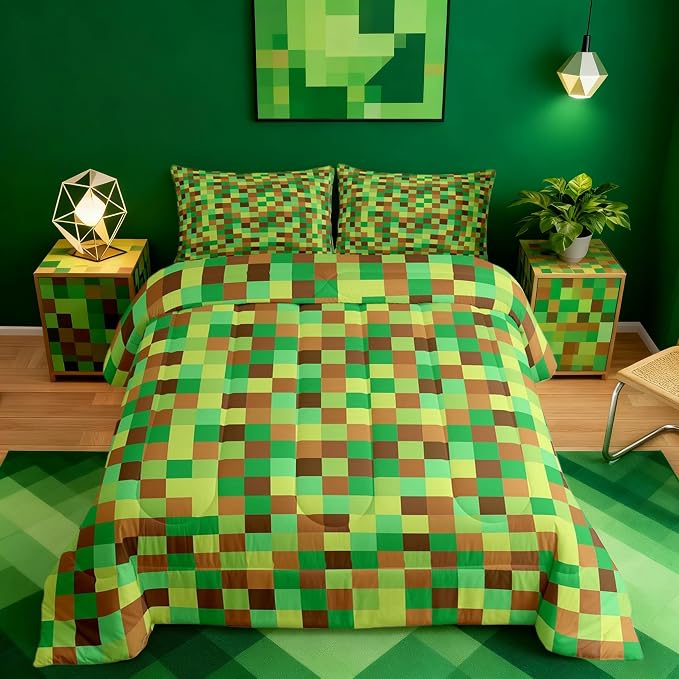 Manfei Pixelated Grid Comforter Set Queen Size,Geometric Camo Blocks Duvet Insert Adults Bedroom Decor,Miners Gamepad Games Bedding Set,Green Brown Ultra Soft Microfiber Inner Fill 3Pcs Bedding